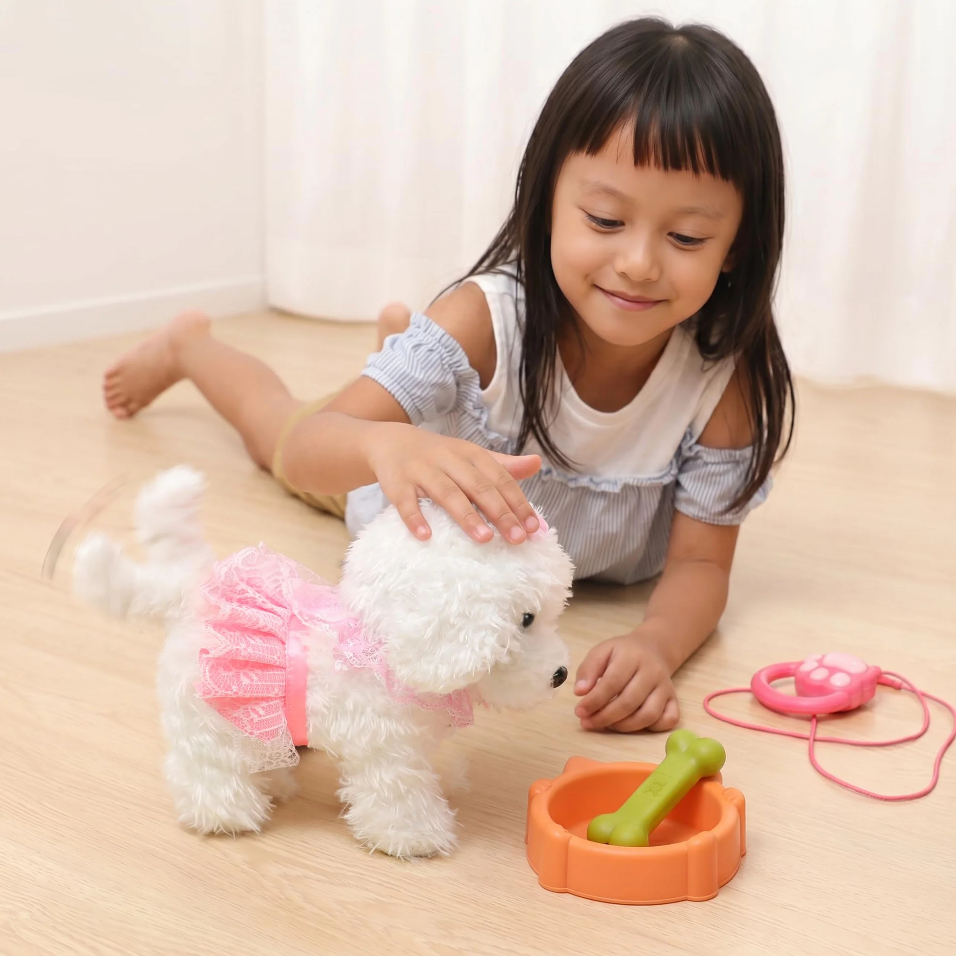 OR OR TU Giocattoli per cani da passeggio per bambini con telecomando in peluche robot cane realistico elettronico animali domestici cucciolo, camminare e abbaiare su un guinzaglio