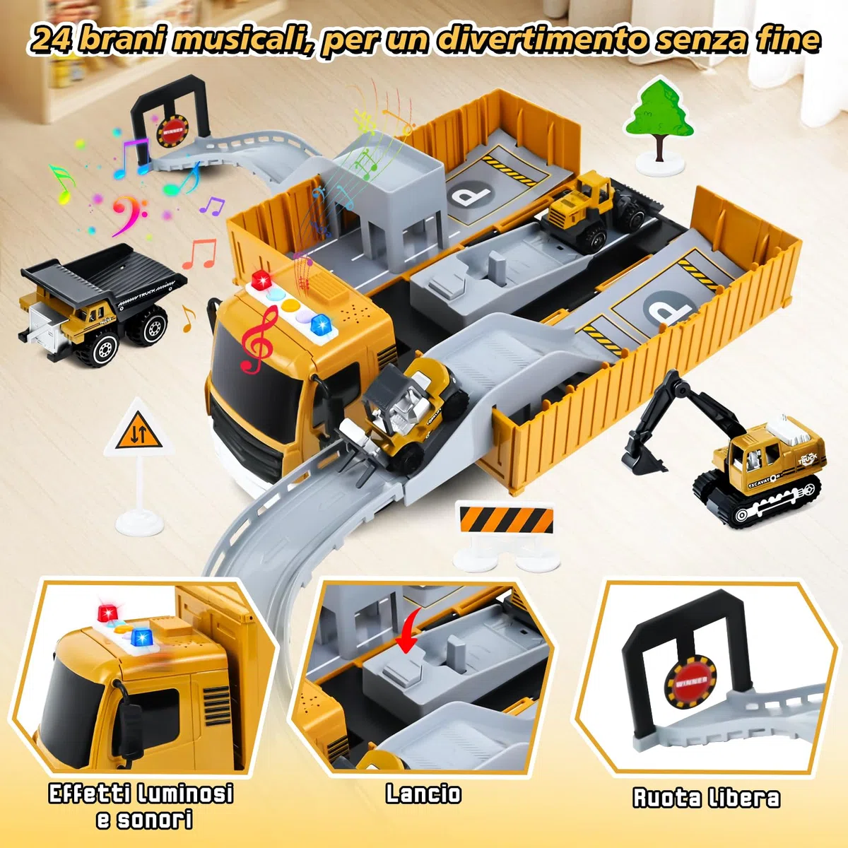 PATEMZON Veicoli Da Cantiere Giocattolo, Camion da Cantiere Giocattolo, Camion Pista Macchinine Gru Bisarca GiocattoloS con Escavatore Costruzione Bulldozer, Musica et Luce, Regalo Bambini 3+ anni