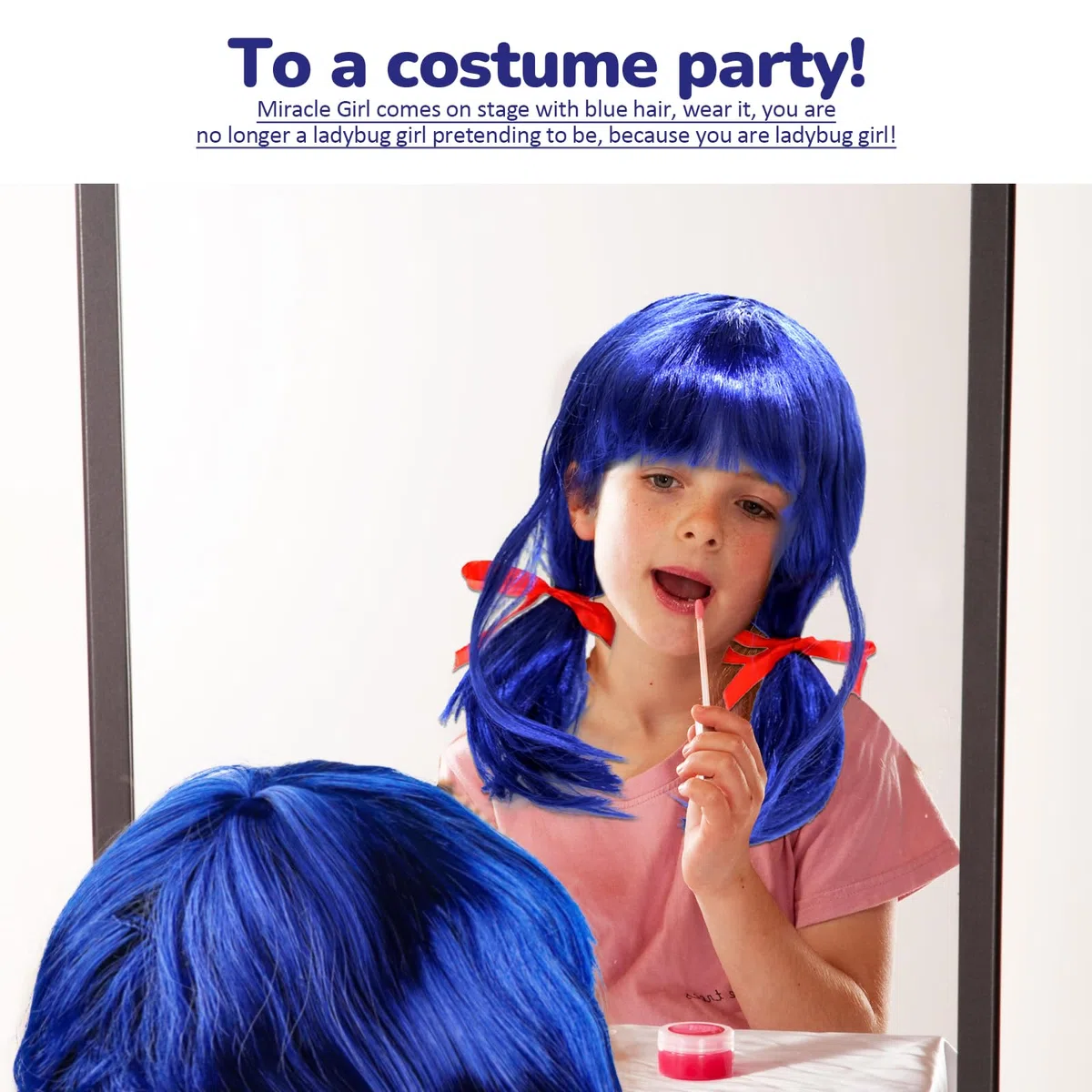 Parrucca Ladybug per Bambini, Parrucca Cosplay Blu Corta, Parrucca Ladybug Ragazze con Fiocchi Rossi, Parrucca Cosplay Anime, per Ragazze Cosplay Anime Costume Masquerade