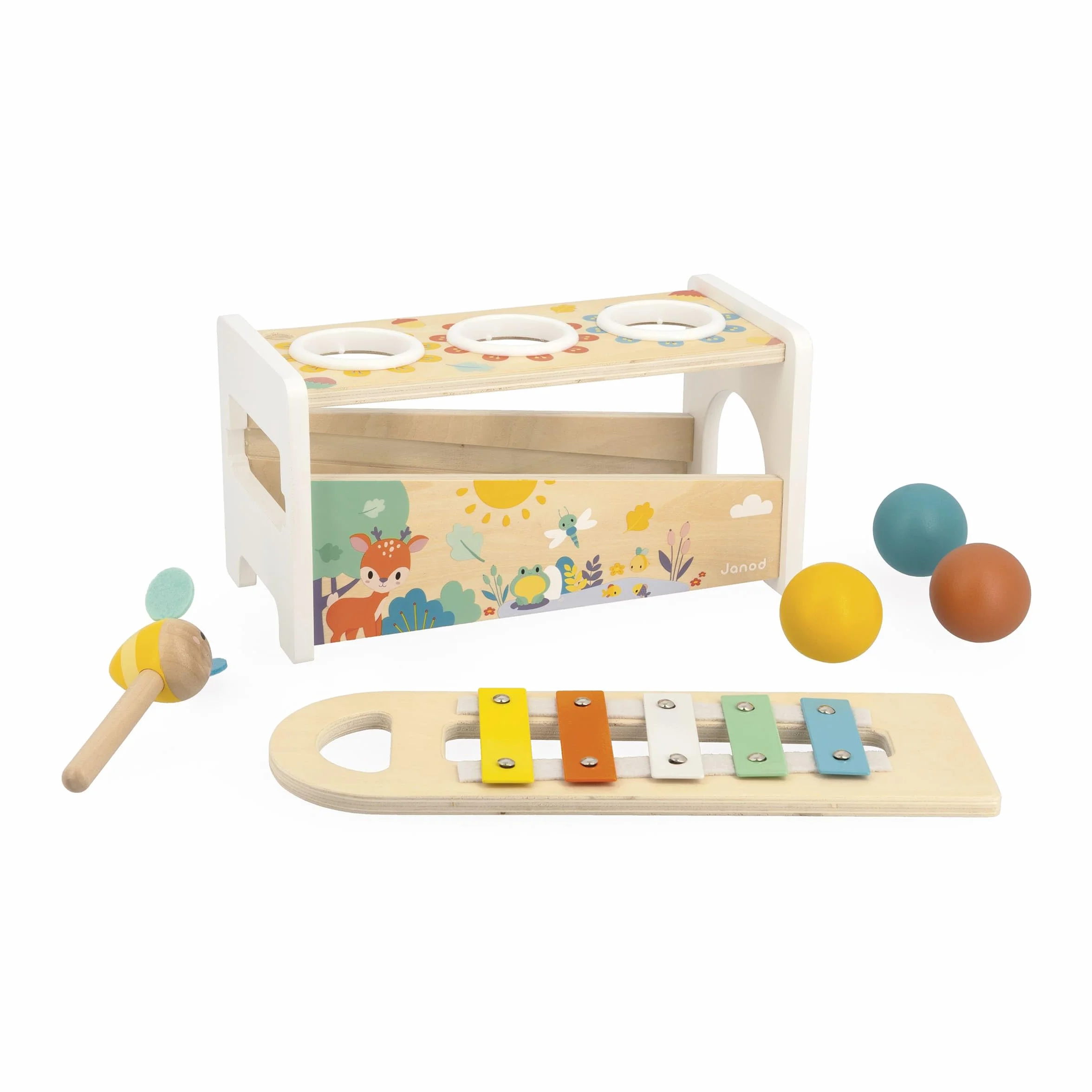 Janod - Tap Tap Xylo Pure - Gioco in Legno 2 in 1 - Gioco Musicale e di Abilità - con 3 Palline + Martello + Xilofono - A Partire dall'anno, J05155