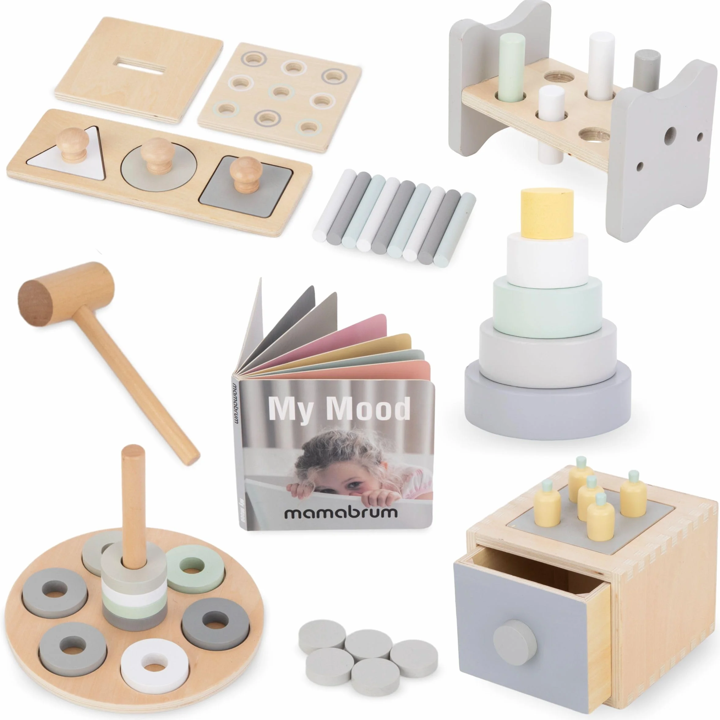 mamabrum Scatola Educativa Montessori 6 in 1 per Bambini 12 Mesi+ - Giocattolo Creativo con Martello, Puzzle, Libro, Cassetto, Piramide e Forme