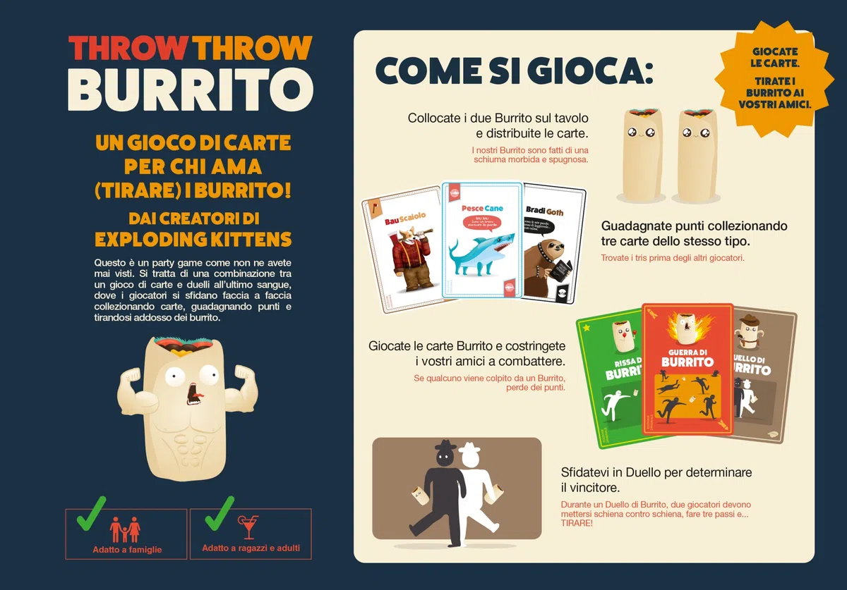 Asmodee - Throw Throw Burrito - Divertente Gioco da Tavolo, con Due Burrito Squishy, Carte da Gioco, 7+ Anni, 2-6 Giocatori, Edizione in Italiano