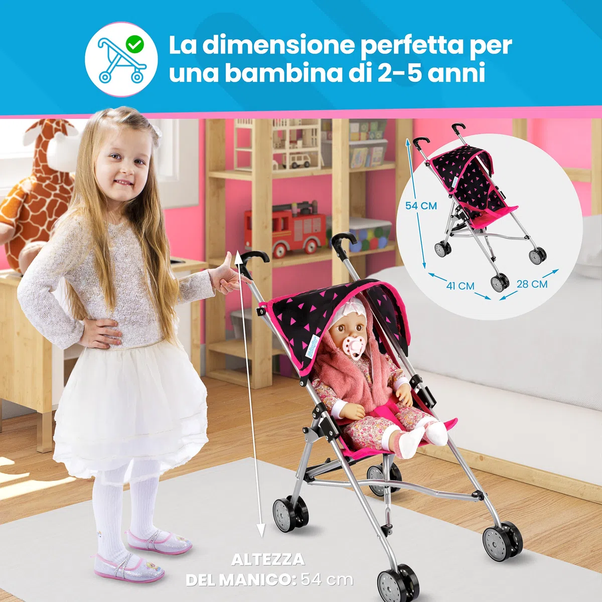 Kinderplay Passeggino per Bambole in Alluminio – Manico 54 cm, Leggero e Pieghevole – Per Bambini 2+ – Ruote Doppie Silenziose e Cintura di Sicurezza
