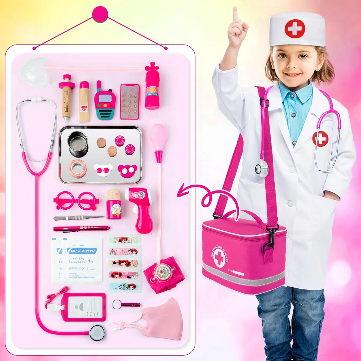 EFO SHM Valigetta Dottore Bambini 34 Pezzi - Kit Medico Giocattolo con Vero Stetoscopio e Camice, Borsa Portatile, Gioco di Ruolo Educativo, Idea Regalo 3 4 5 6 Anni