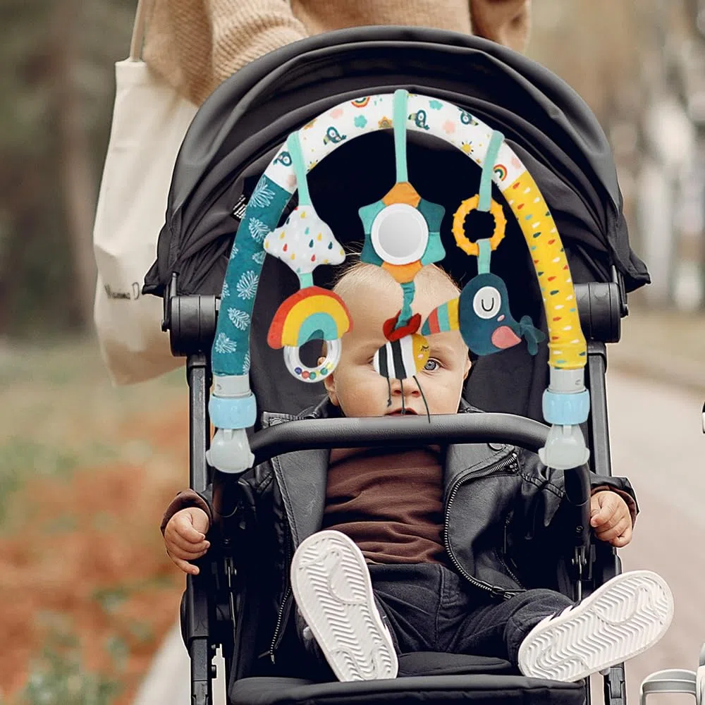 caterbee Barra Giocattolo per Dondolo per Bambini, Giocattolo per Passeggino, Accessorio per Culla e Barra attività per Passeggino, Arco da Viaggio, Giocattoli per Culla per Bambini Piccoli. (Sky)