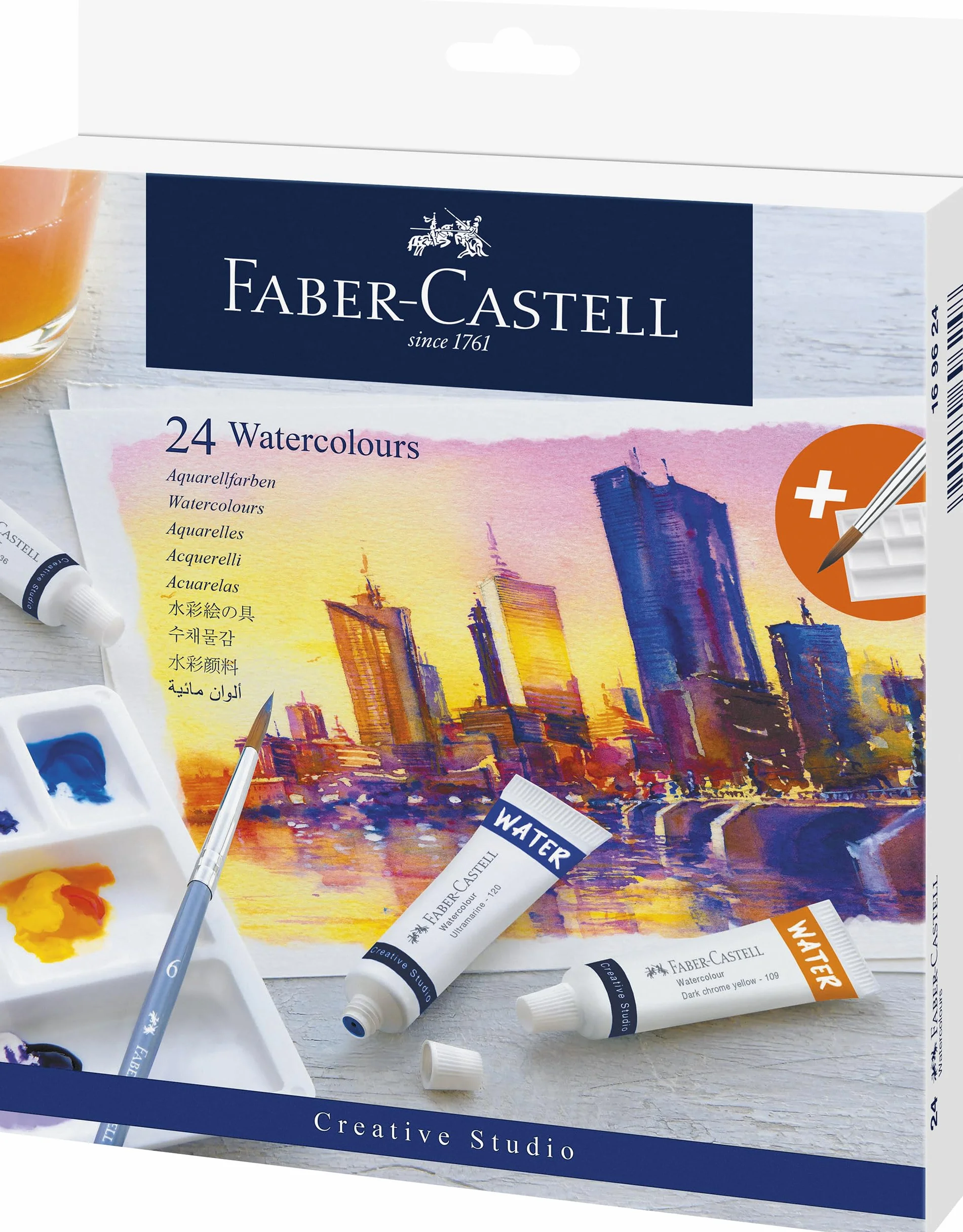 Faber-Castell 169624 - Colori ad acquerello Creative Studio, 24 tubetti, inclusa tavolozza e pennello per acquerello