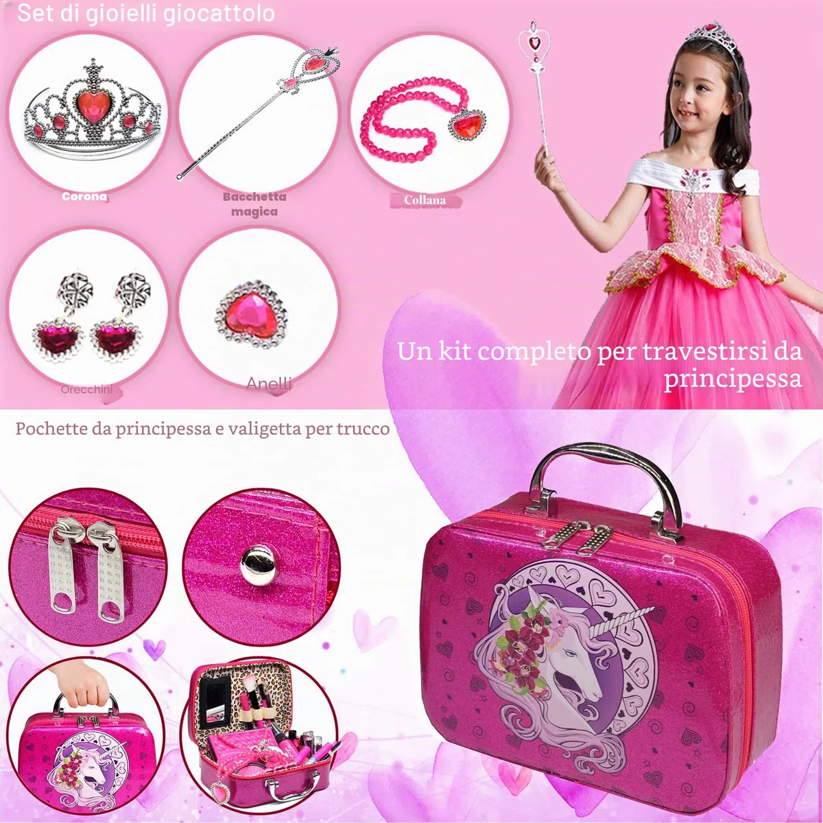 Amerrly Set Trucchi Anallergici - 32 PCS Valigetta Bambina, Giochi, Unicorno, per Feste, Compleanni, Natale - Regalo 4-10 Anni