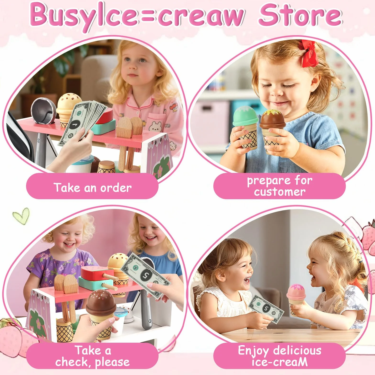 Gelateria Giocattolo per Bambini,Giocattolo per Gelato in Legno,Montessori Gioco di Ruolo Educativo Regalo per Bambinis,Gelateria Giocattoli in Legno per Bambini da 3 4 5 6 Anni Ragazzi Ragazze