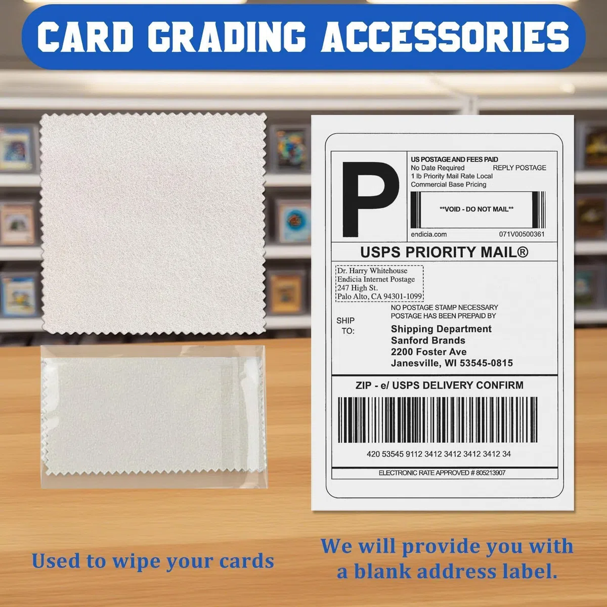 Kit di invio per classificazione delle carte, scatola di spedizione per PSA, CGC, SGC - 25 porta carte semi rigidi, 25 custodie per carte, 1 etichetta di spedizione + 1 panno per la pulizia