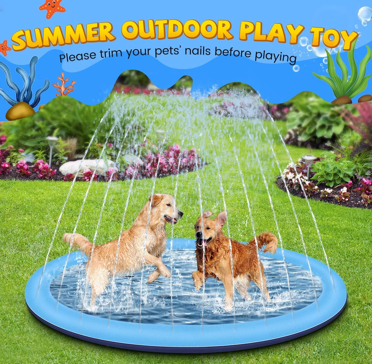 Giochi d'acqua per esterni, 170 cm, spruzzatore d'acqua Splash Pad, giocattolo da giardino e piscina per cani con funzione antiscivolo (blu-170 cm)
