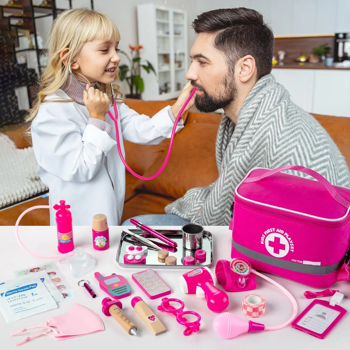 EFO SHM Valigetta Dottore Bambini 34 Pezzi - Kit Medico Giocattolo con Vero Stetoscopio e Camice, Borsa Portatile, Gioco di Ruolo Educativo, Idea Regalo 3 4 5 6 Anni