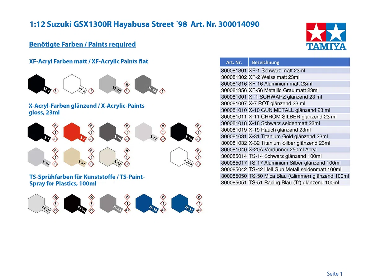 Tamiya 300014090 - Modellino Motocicletta Suzuki GSX1300R Hayabusa del 1998 in Scala 1:12