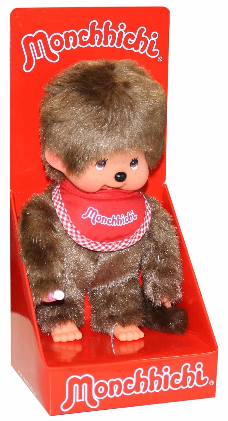 Sekiguchi 255010 - Originale Ragazzo Monchhichi, in Peluche Marrone, con Bavaglino Rosso, Circa 20 cm
