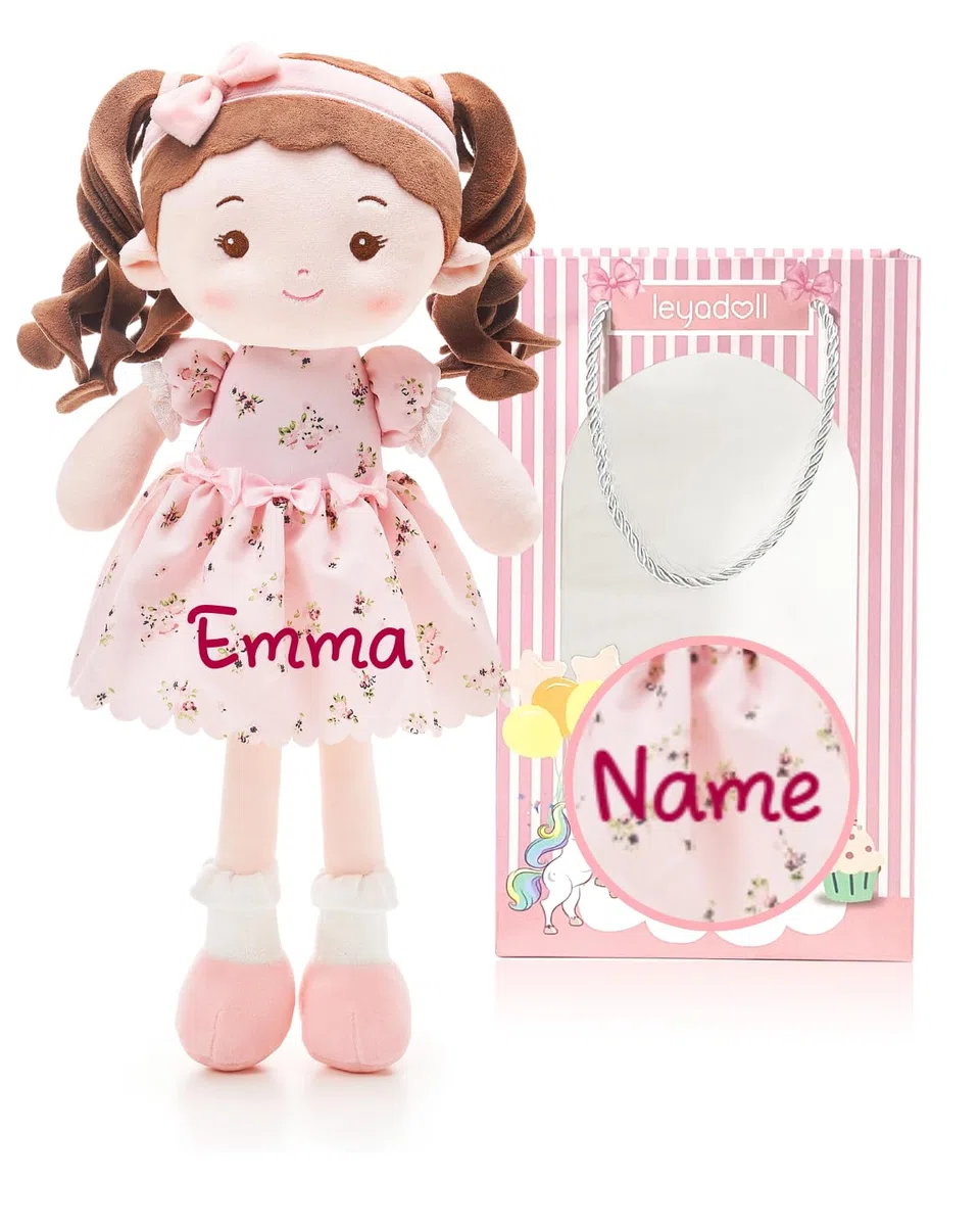 LeyaDoll Personalized Soft Baby Doll Toys (16''), My First Baby Rag Doll for 1 Year-Old Girl Birthday Gift, Christmas Plush Toys Gift for Toddler Kids Infants-Princess-Breeze-Brown