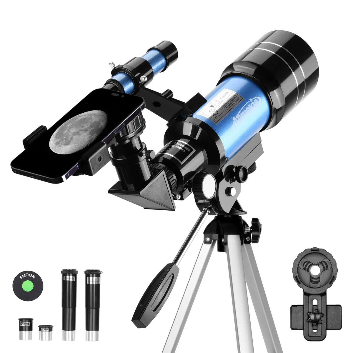 Aomekie Telescopio Astronomico 30070, 150X ingrandimento con Lente Barlow 3X e Adattatore per Smartphone, Ideale per Bambini e Principianti, Regalo per Compleanni e Feste