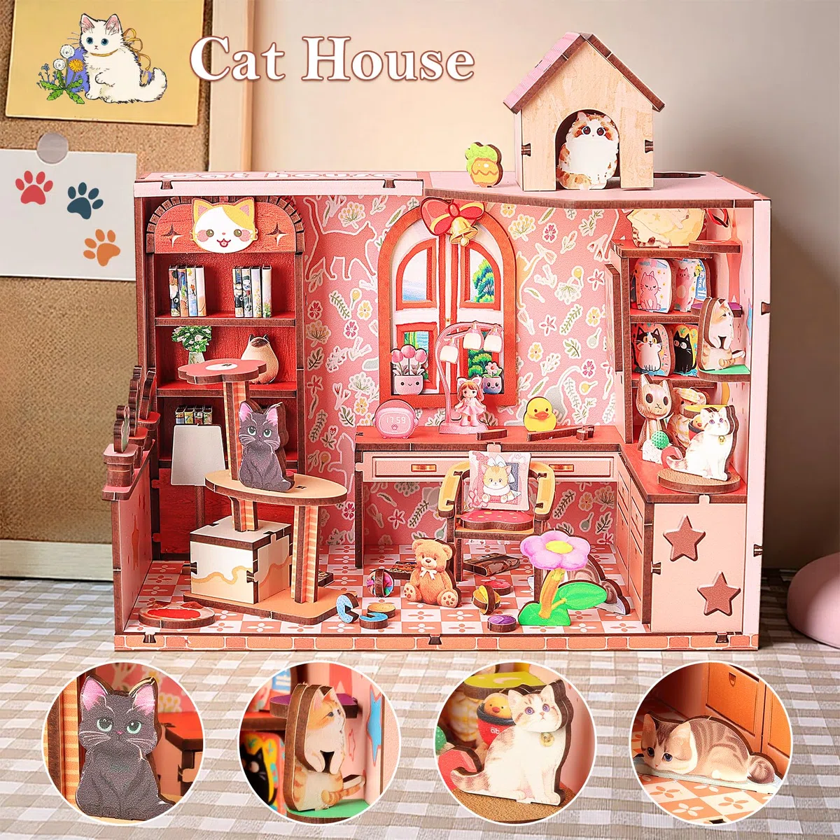 Cuteefun Miniature Casa delle Bambole, Kit da Casa di Bambole in Legno con LED, Struttura a Incastro, Facile da Assemblare, Regalo per Compleanni, Natale e Halloween (Casetta per Gatti)