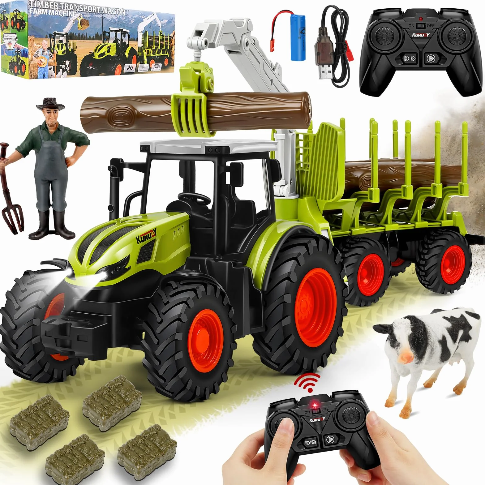 BuzzoXerex RC Trattore Telecomandato per Bambini, 2,4 Hz Trattore Radiocomandato con Rimorchio Giocattolo e Luce, Trattore Giocattolo per Bambini 3 4 5 anni