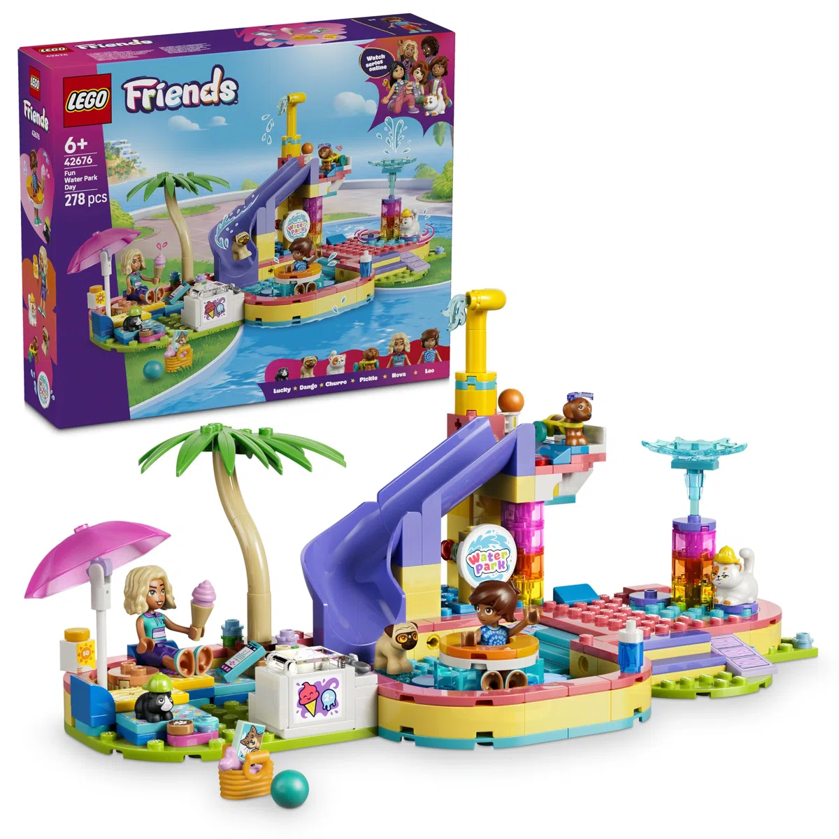 LEGO Friends Divertente Giornata al Parco Acquatico - Miniatura da Costruire Giocattolo con Scivolo, 2 Mini Bamboline, 4 Animali e Accessori - Idea Regalo di Compleanno per Bambine da 6 Anni - 42676