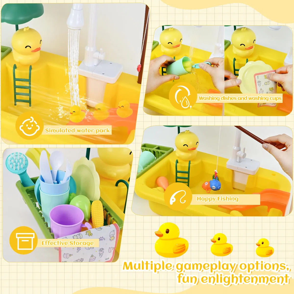 Ulikey Lavello per Bambini, Lavello Giocattolo con Acqua, Giocattoli da Pesca, Sistemi Automatici di Circolazione Dell'acqua, Accessori Cucina Giocattolo, Lavello Cucina per Bambini 3+ (Giallo)