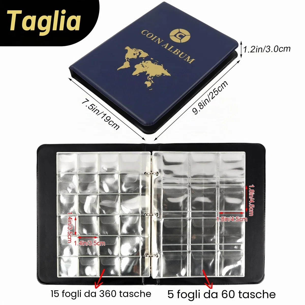Album Monete da Collezione 420 Tasche,Libro Porta Monete da Collezione 3.5 * 3.5 cm/4.5 * 4.5 cm,Raccoglitore Monete 2 Euro,25x19 cm Coin Album 20 Pagine di Inserti Trasparenti
