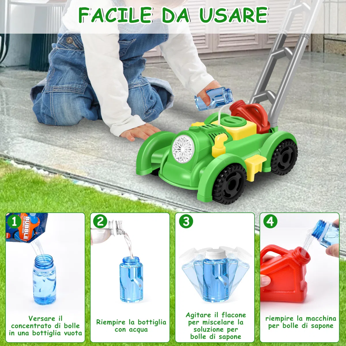 Herefun Tosaerba a Bolle per Bambini, Macchina Automatica per Soffiatore di Bolle, Giocattoli Estivi da Giardinaggio All'aperto, Regali per Bambini di Oltre 3 Anni (Verde)