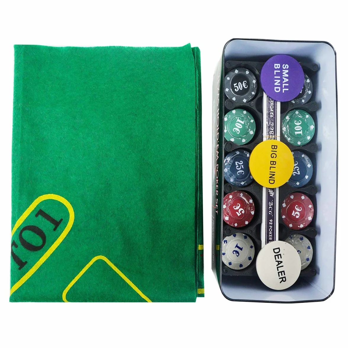 Set di poker - Blackjack in una scatola di metallo, 200 gettoni da poker, 2 mazzi, pulsante dealer, small blind, big blind, play mat