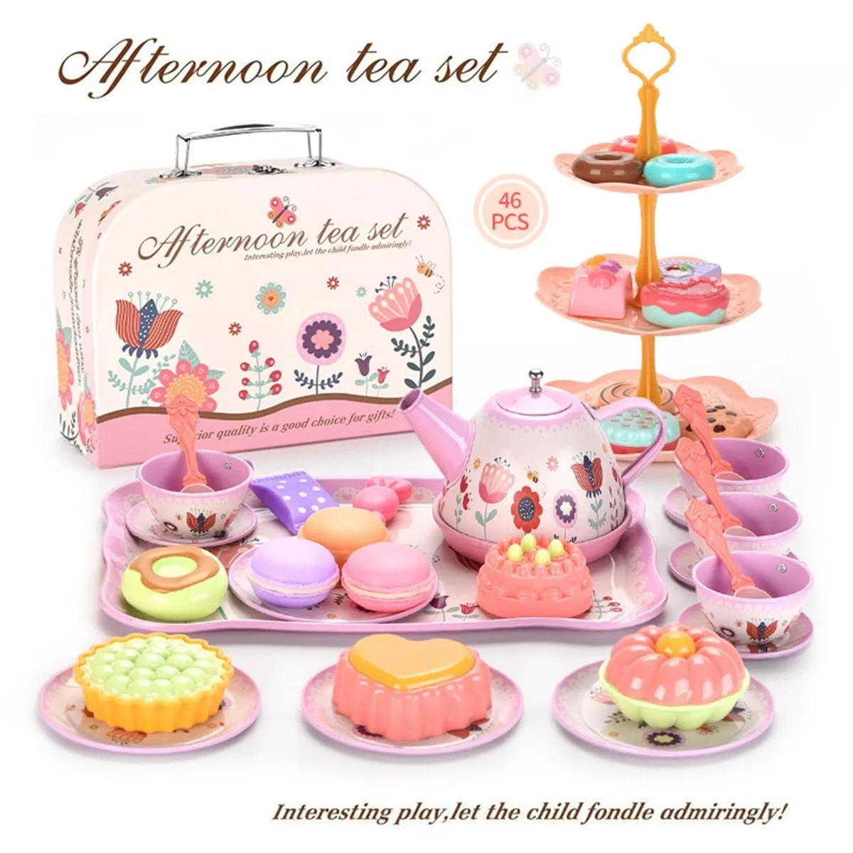 46 Pezzi Set da tè per Bambini Accessori per Cucina Giocattolo Valigetta con Giocattoli da Dessert con Tazze Piatti e Accessori Servizio da tè Completo per Regalo Giocattoli Bambine 3-9 Anni