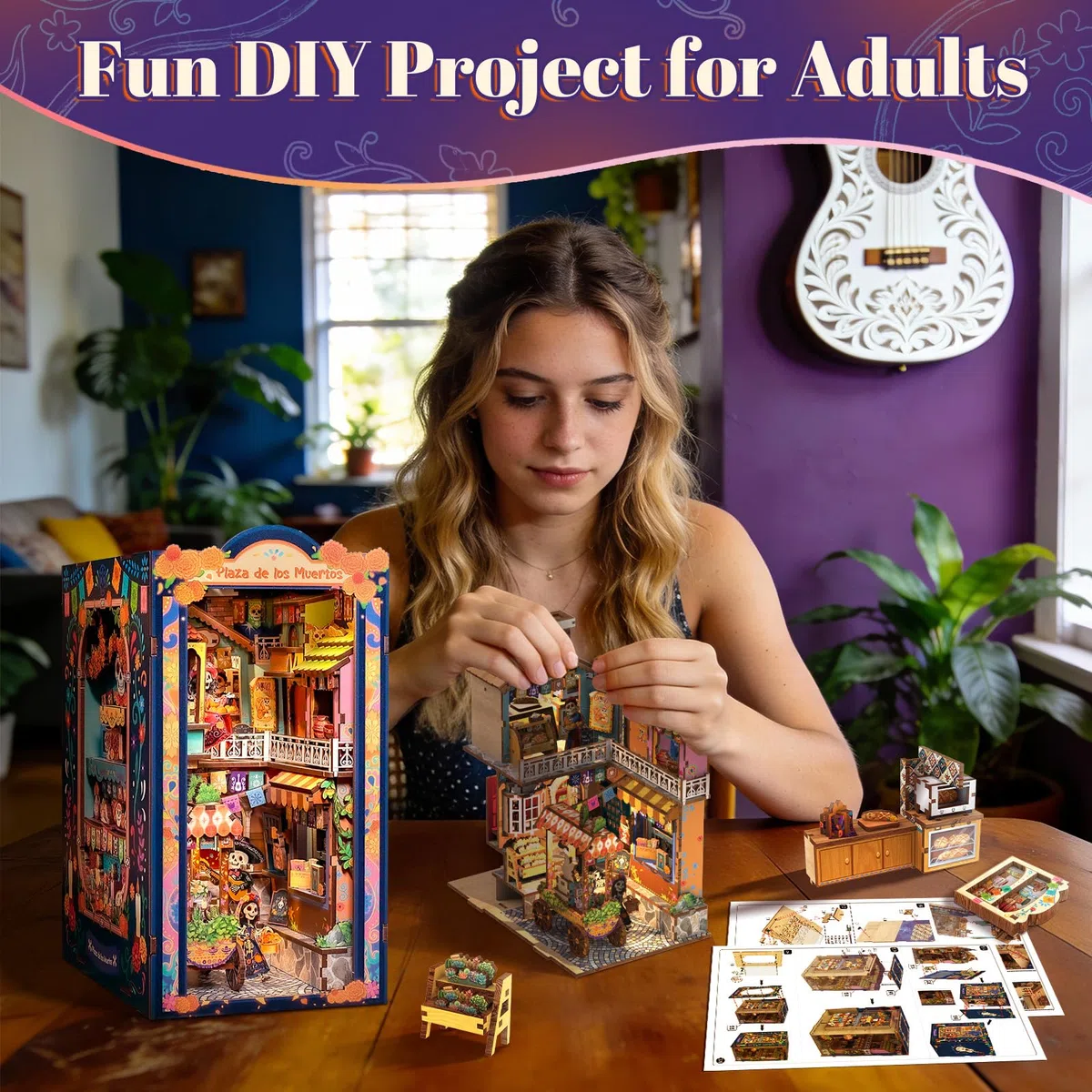 Fsolis Kit Angolo Libro - Miniatura Dia de los Muertos Casetta di Strada, Kit di Puzzle 3D in Legno per Adulti, Decorazione per Libreria, Regalo Unico