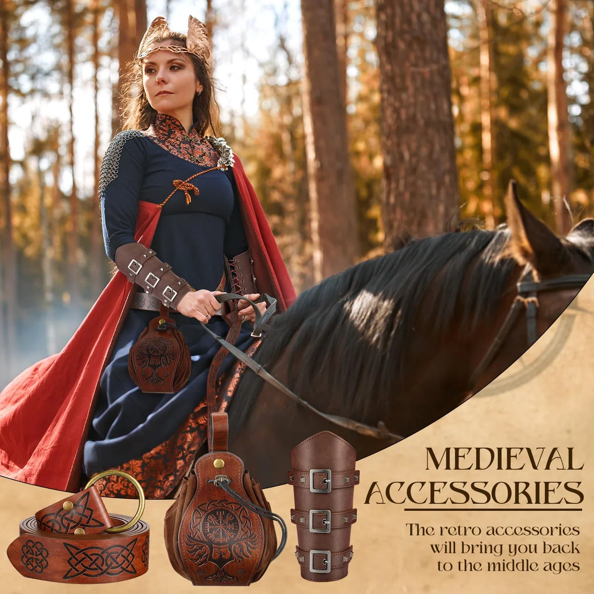 SATINIOR Set di Accessori per Costumi Medievali di Halloween Bracciali Medievali in Pelle Cintura Medievale in Rilievo Marsupio Rinascimentale Costume da Cavaliere (Motivo a bússola in rilievo)