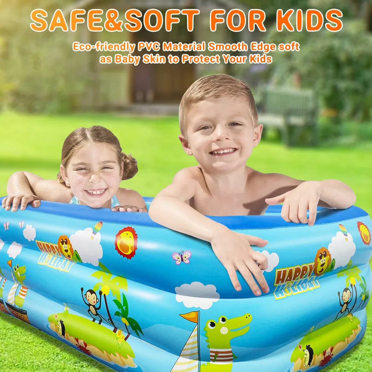 Jiosdo Piscina gonfiabile grande 150 cm Family Pool, piscina per bambini e neonati, rettangolare, piscina di famiglia con fondo morbido gonfiabile, per l'estate, divertimento in acqua (blu)