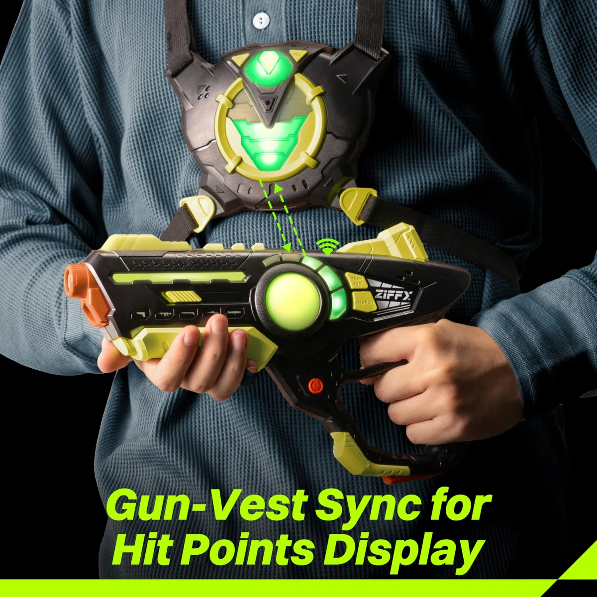 ZIFFY Set di 4 pistole laser tag con gilet, laser tag multifunzione per interni ed esterni, giochi di famiglia, regalo di Natale e compleanno, attività di gruppo, età 8+ (nero)