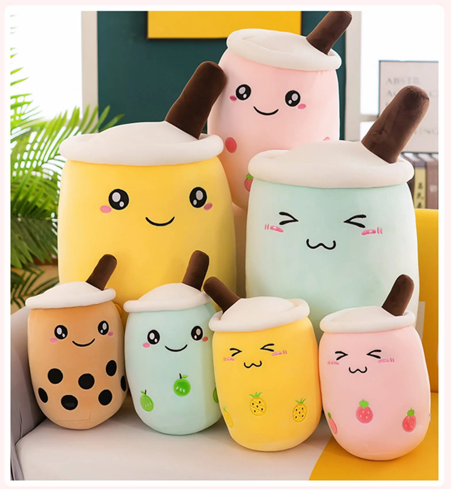 Bubble Tea - Peluche a forma di boba, morbido e morbido, per bambini, giocattolo (strabismo rosa, 35 cm)