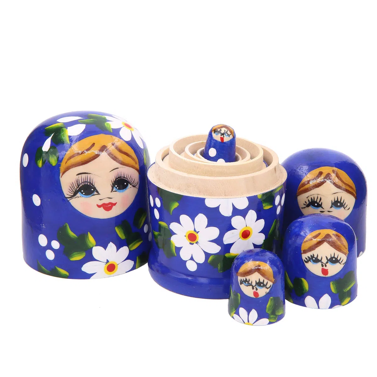 Winterworm Set di 5 Capelli biondi Blu Ragazza impilabile in Legno Giocattolo Bambino Babushka Matryoshka Bambola di nidificazione Russa per Bambini Giocattolo Compleanno
