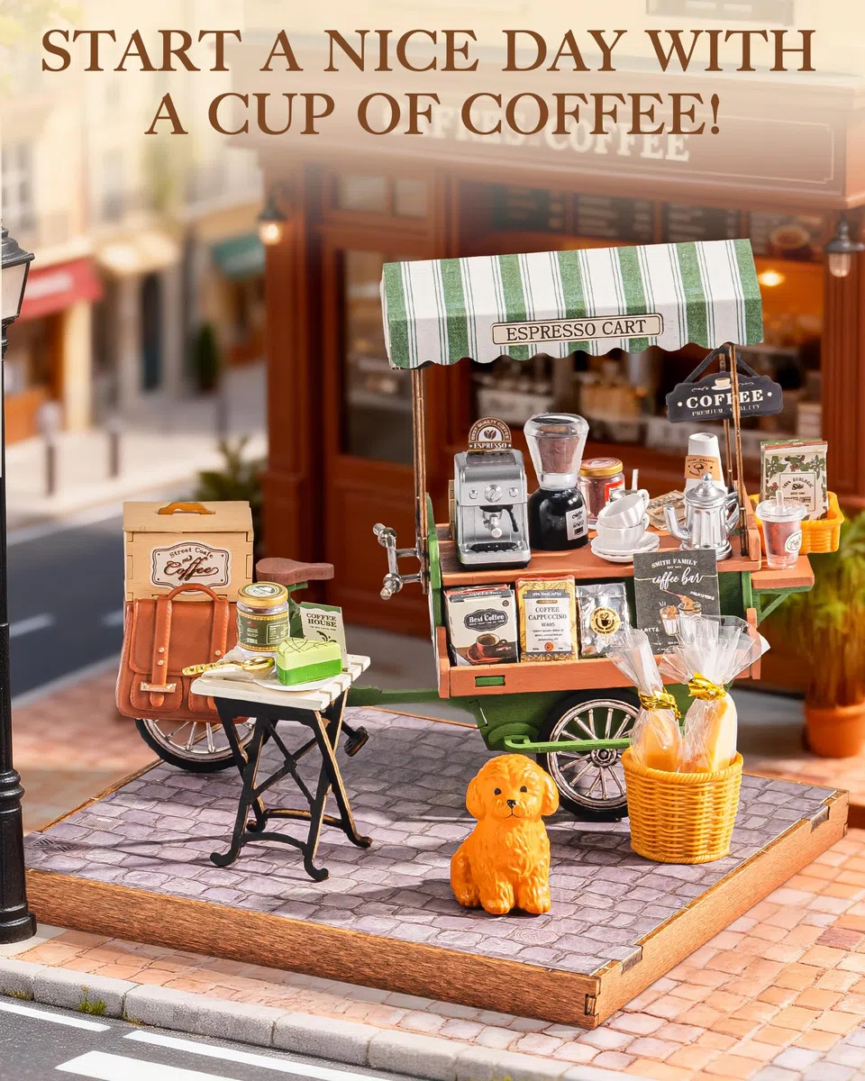 Rolife Casa delle Bambole Carrello del Caffè Aromatico Kit de Modello in Legno Casa in Miniatura Book Nook Decorazione per la Casa Regalo Creativo per Adulti