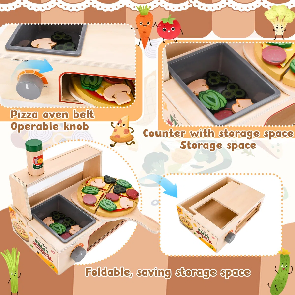 JOYBOY Pizza Giocattolo in Legno,Set Pizza in Legno,Set da Gioco per Pizza,Giocattolo Educativo per L'apprendimento Playset in Legno con Forno,Regalo di Compleanno di Natale per 3 4 5 6 Anni