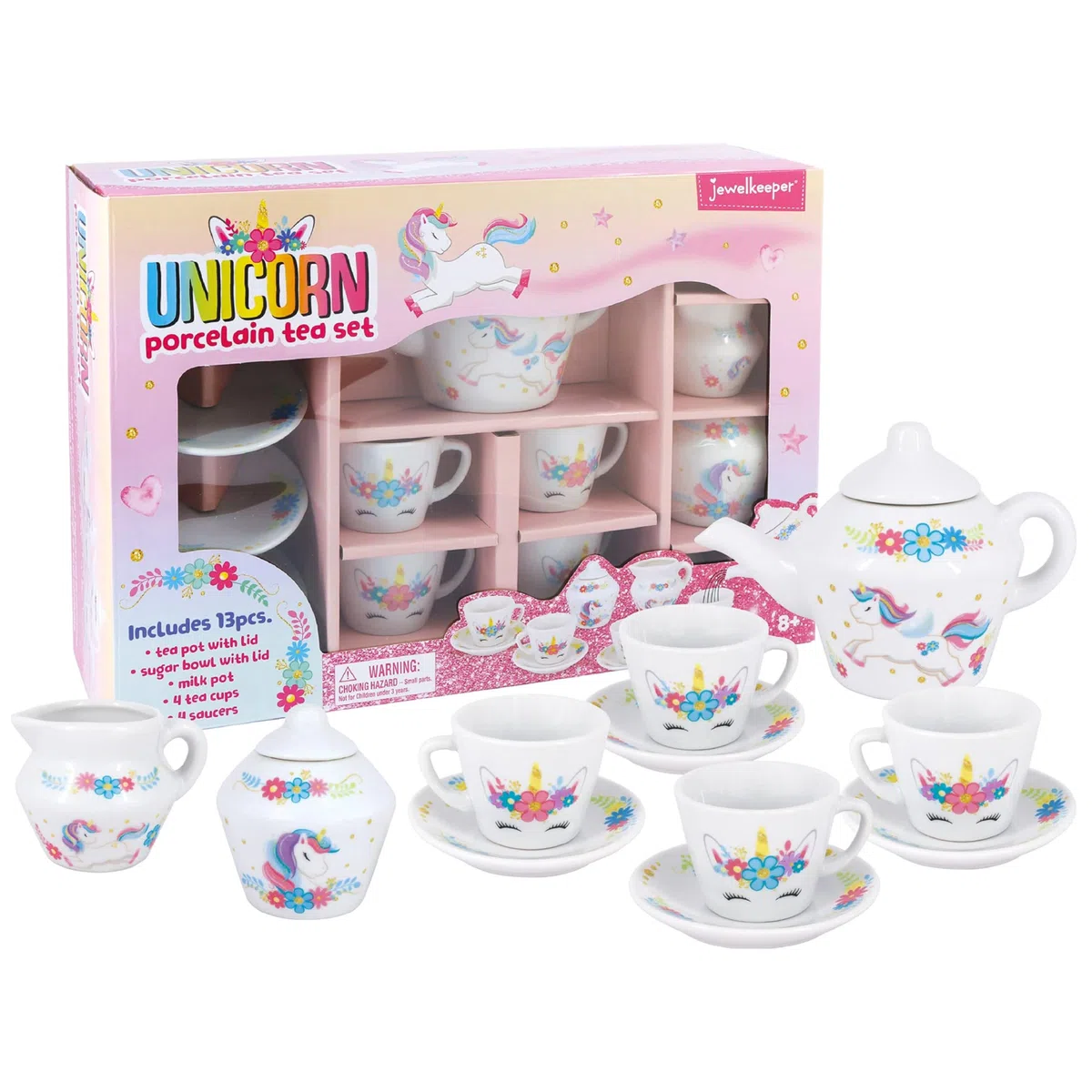 Jewelkeeper Set da tè in porcellana per bambine - Giocattolo da tè, Tazze da tè in ceramica rosa con scatola rosa - Regalo per bimbi di 3 anni - Design Unicorno, 13 pezzi