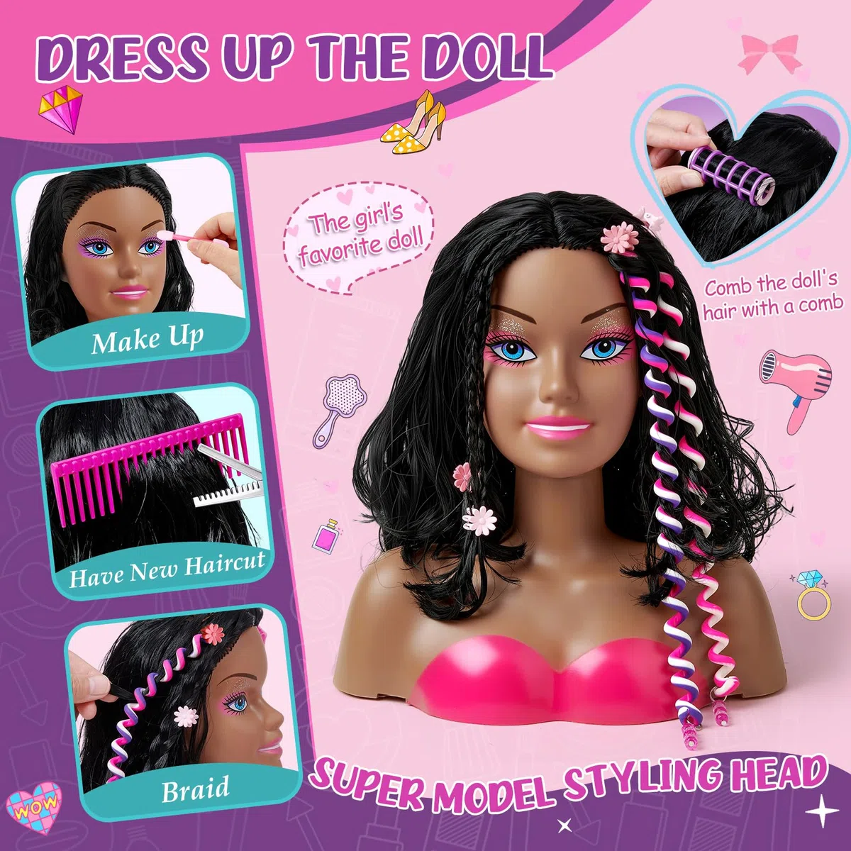 Tacobear Testa Bambola da Truccare e Pettinare con Smalto Unghie Trucchi Asciugacapelli Giocattolo Piastra Accessori per Capelli Set Parrucchiera Giochi Bambina Regalo 3 4 5 6 7 8 Anni