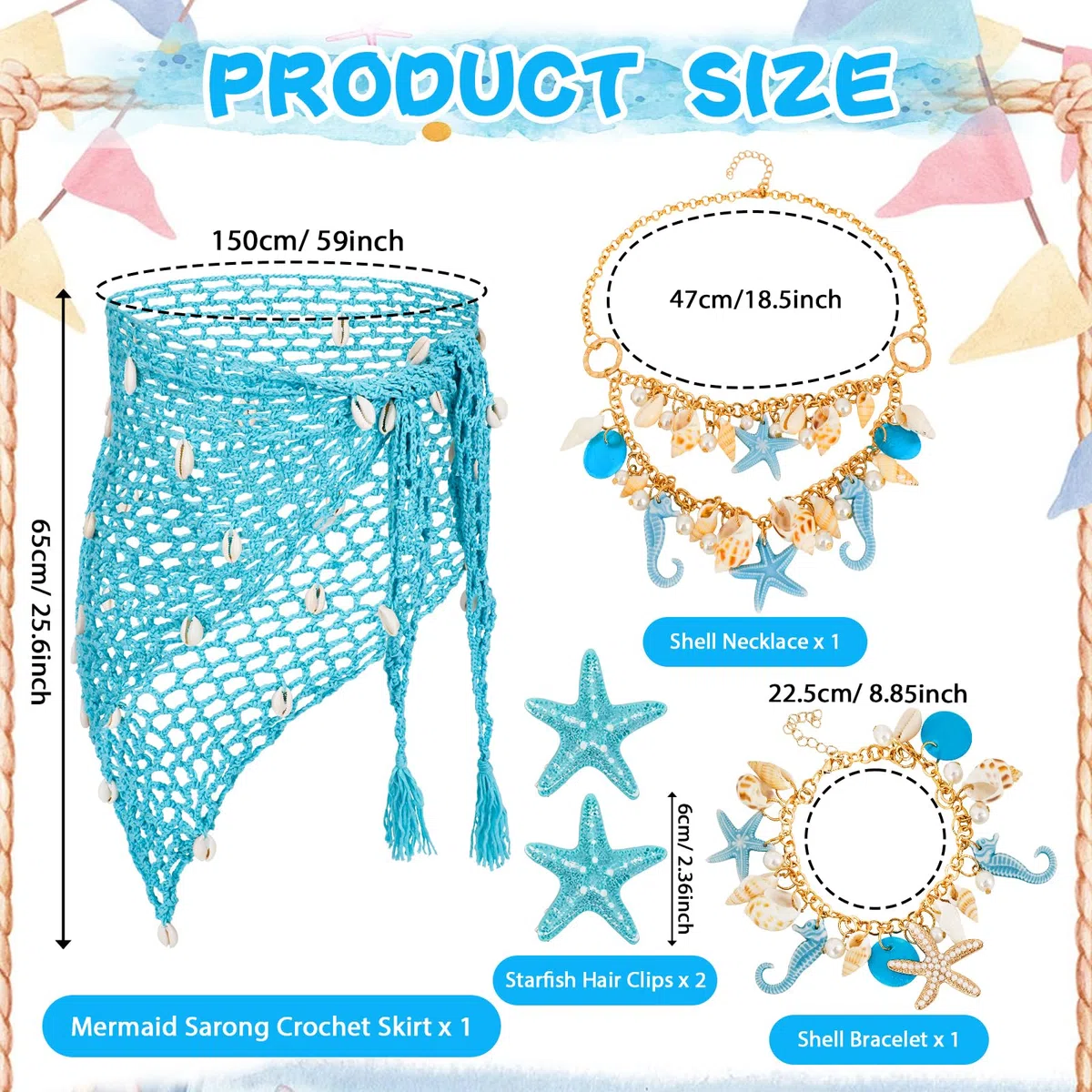 XEPST 5 pz Sirena Costume per le Donne - Sirena Costume Sirena Accessori Set con Sirena Crochet Gonna Cover Up Scialle Starfish Clip di capelli Shell Gioielli per costumi di Halloween Carnevale