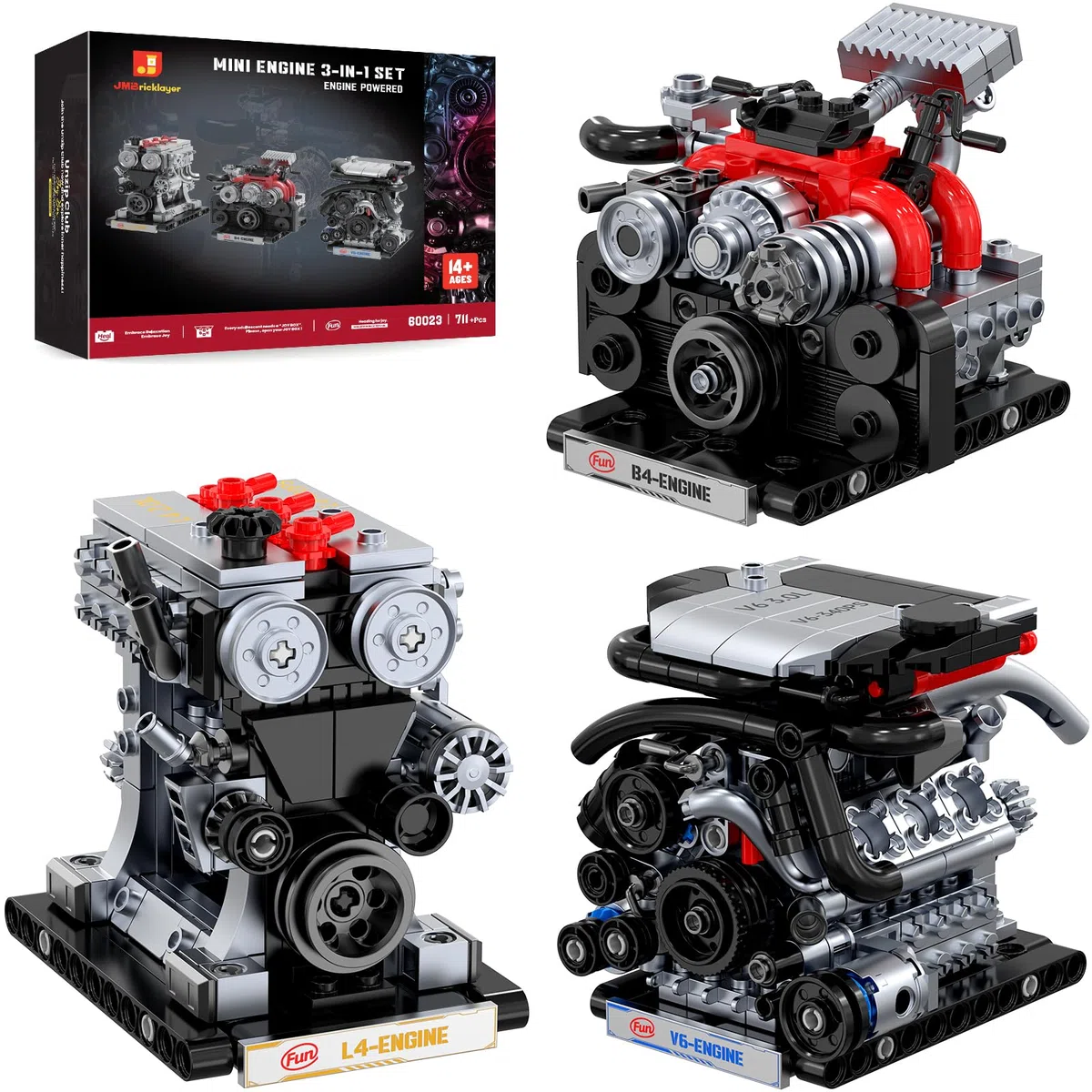 JMBricklayer Blocco da Costruzione Mini Motore 3-in-1 per Adulti da Costruire, Motore Modello V6 B4 L4 che Funziona, Giocattolo Meccanico in Mattoncini STEM, Decorazione per Ufficio e Casa, Regali