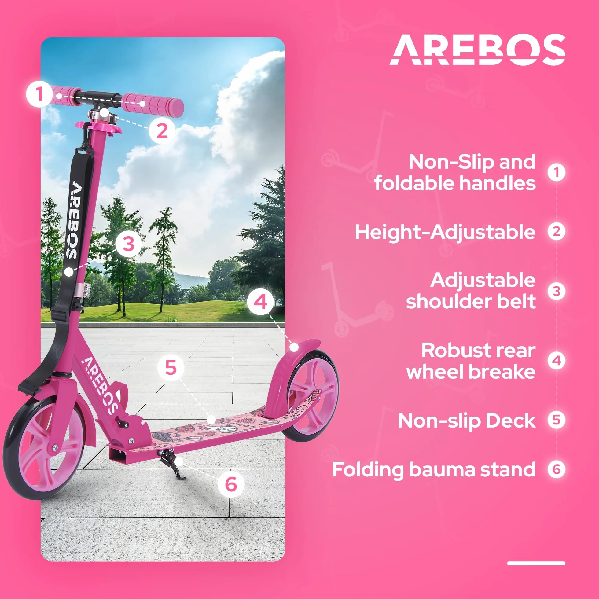 Arebos city scooter a pedali monopattino regolabile in altezza | pieghevole | incl. cinghia di trasporto | ruote XXL | freno a pedale | per bambini e adulti | capacità di carico fino a 100 kg