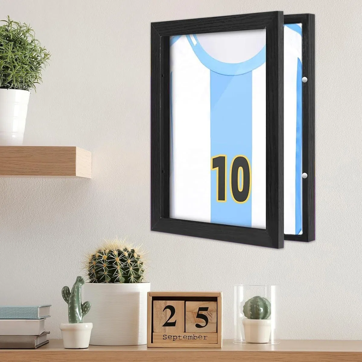 Display con cornice per magliette da calcio, scatola per profonde, cornice per magliette in legno nero, vetrina montabile a parete per maglie, cimeli sportivi