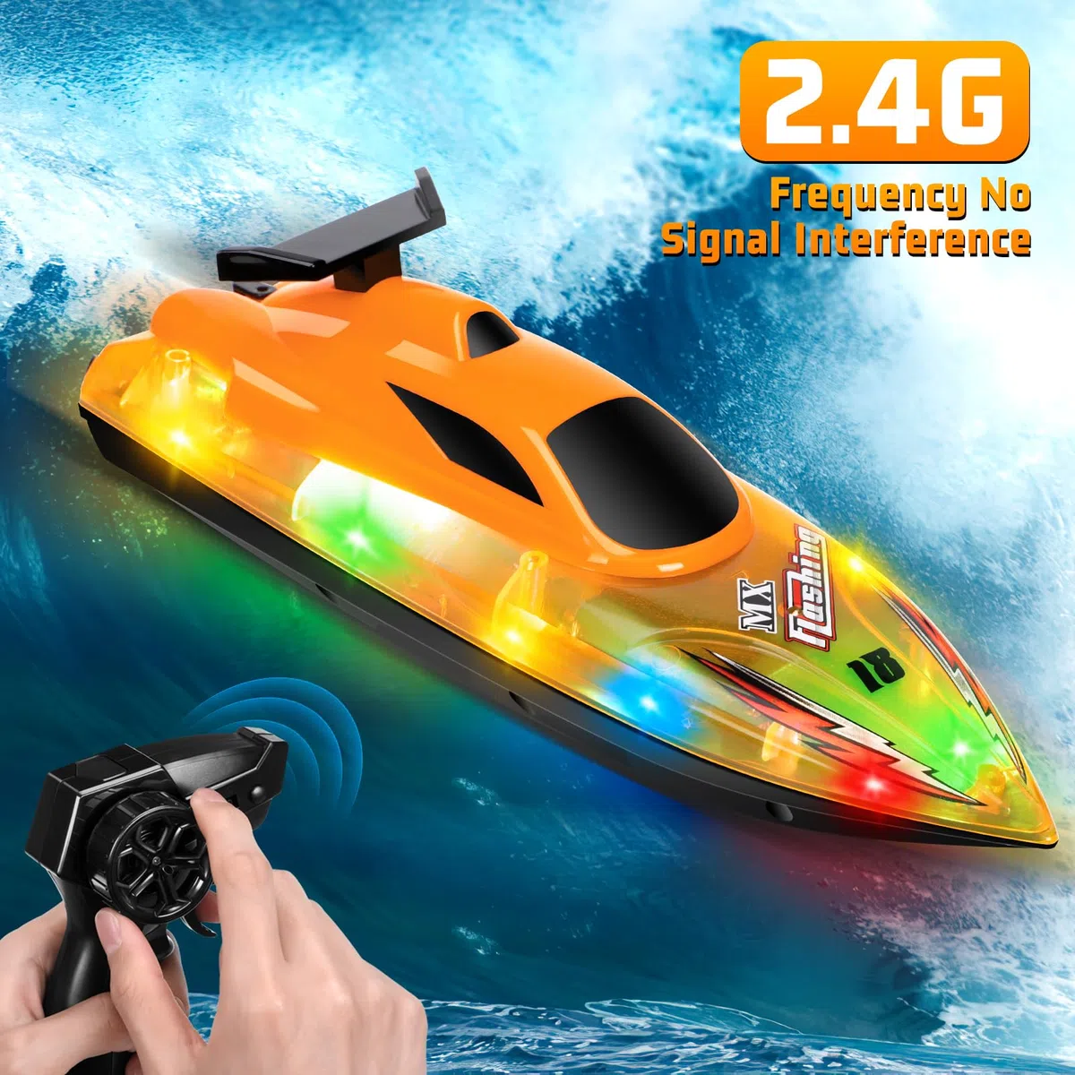 Barca telecomandata, 2,4 GHz, impermeabile, ad alta velocità, con 2 batterie ricaricabili e luce LED, per bambini, adulti, bambini, attività all'aperto (giallo)