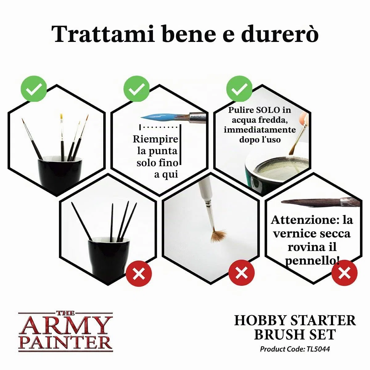 The Army Painter Hobby Starter Brush Set di 3 pennelli per colori acrilici, hobby Drybrush, Hobby Small Detail Brush e Hobby Standard Brush, pennello fine per pittura fantasy in miniatura