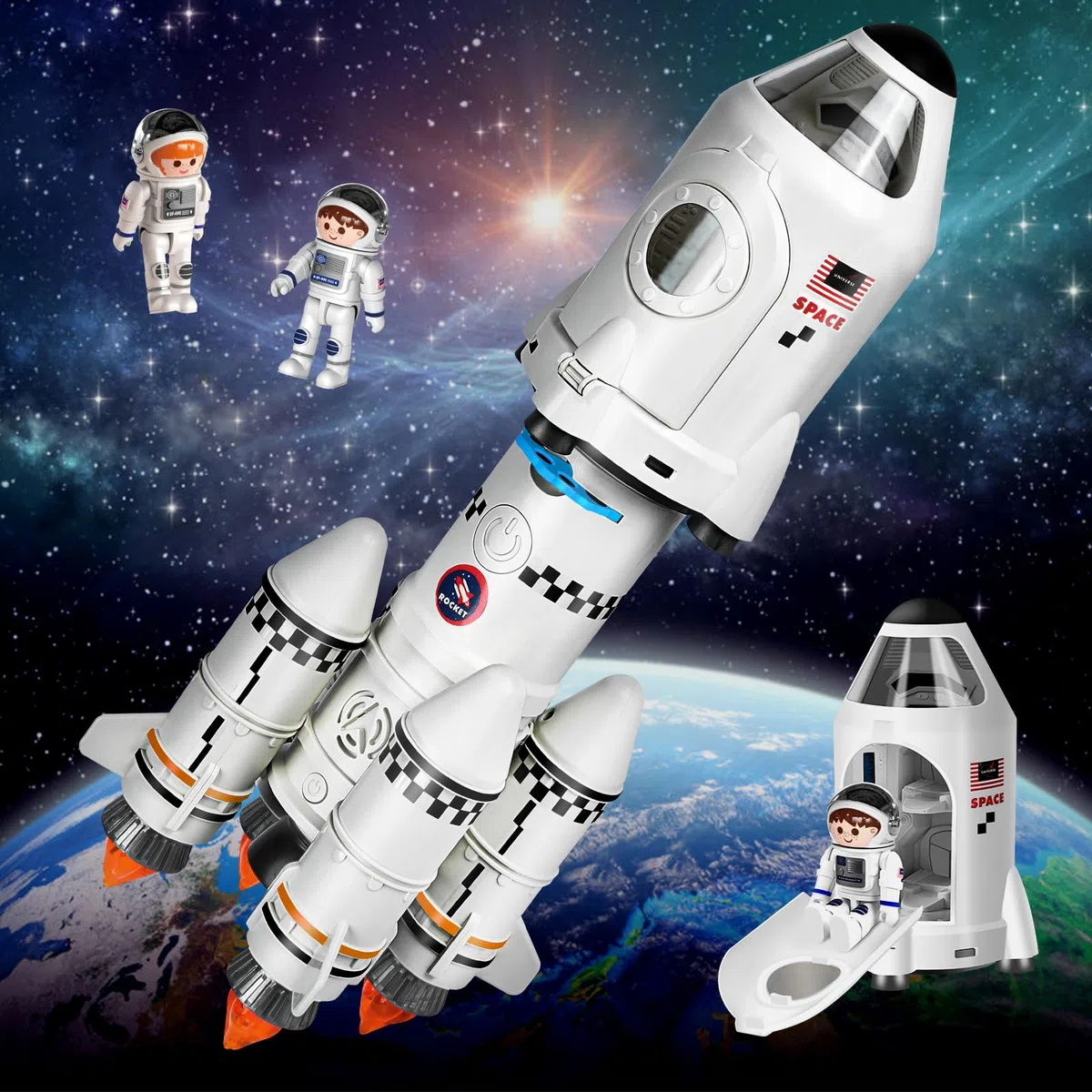 Herenear Razzo Spaziale, Space Shuttle Giocattolo per 3-8 Anni, con Astronauti e Lampada di Proiezione