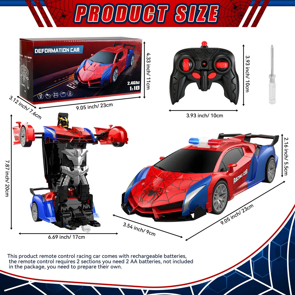 Macchina Telecomandata Spider, 2.4GHz Robot Trasformabile Spider RC Auto con Telecomando, 2 in 1 Macchina Polizia Giocattolo Bambini con Luce Lampeggiante, Auto Robot Trasformabile per Bambini