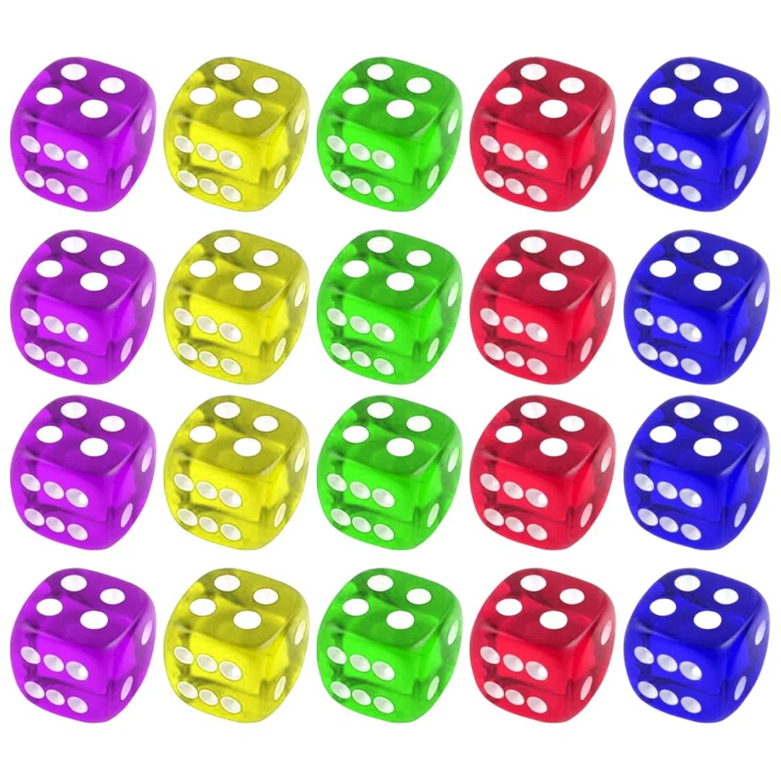 20pcs Dadi da Gioco acrilici 5 Colori traslucidi Dadi esaedrici per Giochi e insegnamenti