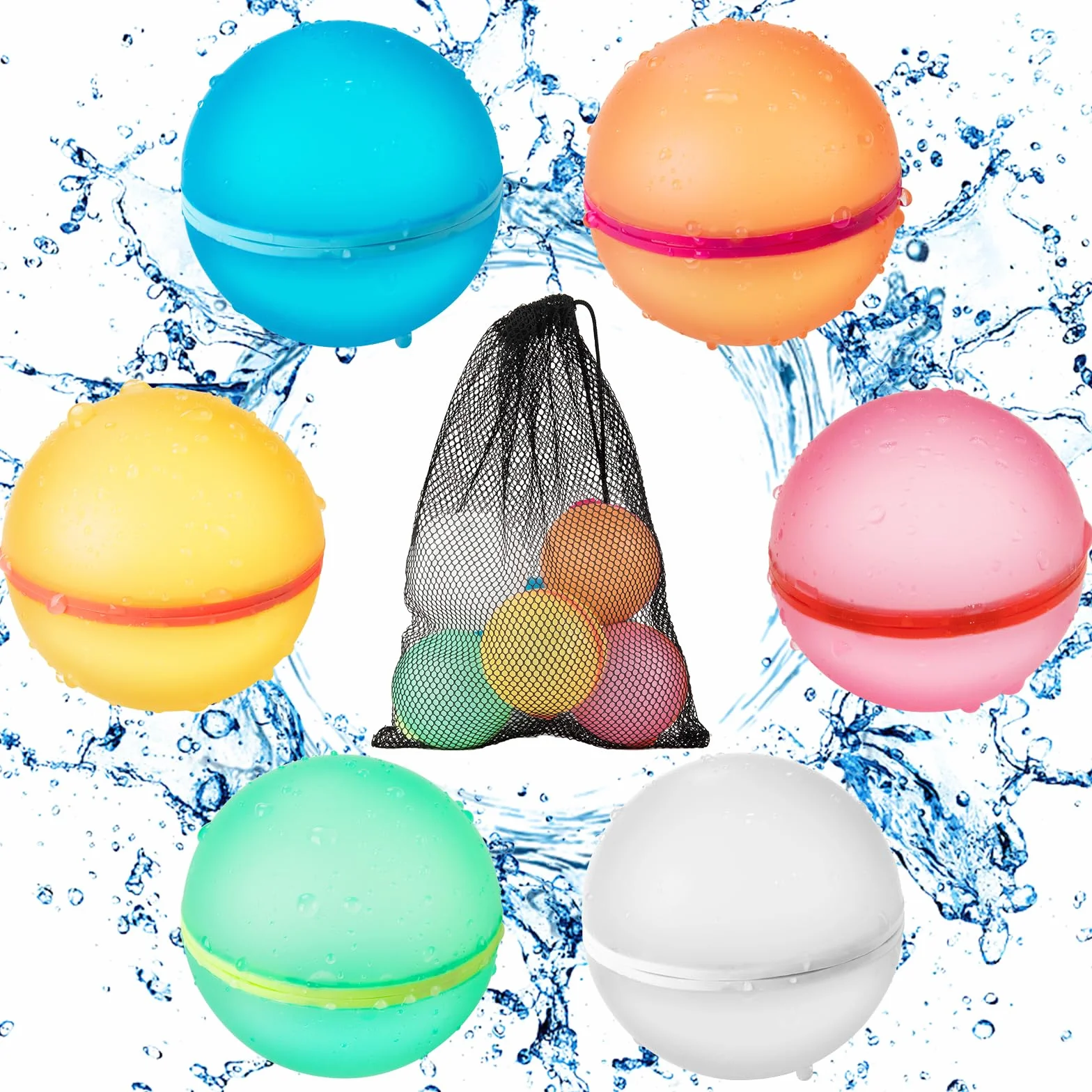 6 bombe d'acqua riutilizzabili, in silicone a chiusura automatica, con tasca a rete, set di bombe d'acqua, adatti per bambini, adulti, spiaggia, feste in piscina