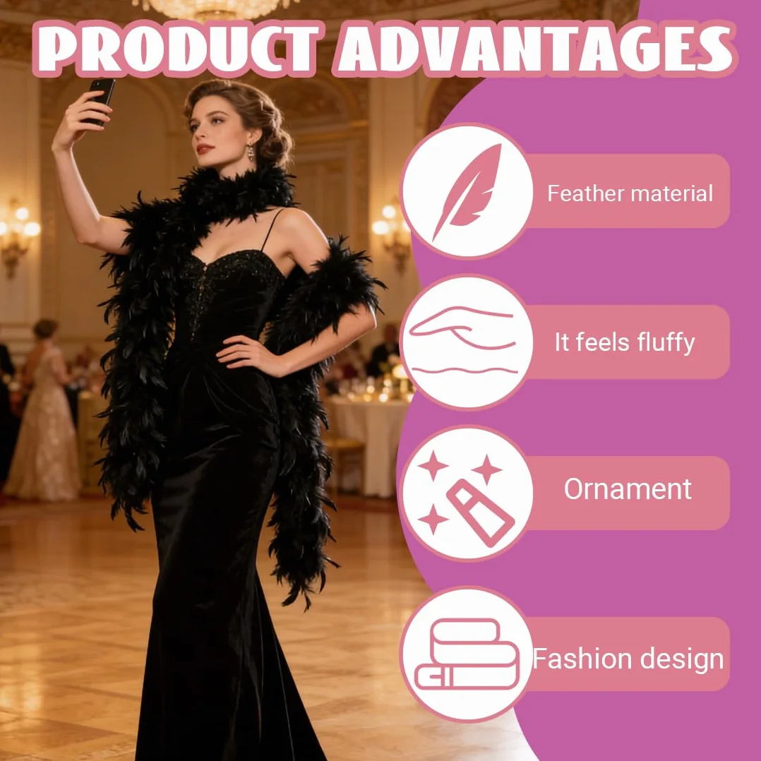 1 PCS Boa di piume nero, Sciarpa di p-iume nere, 2 m, Applicabile a feste, carnevale, Pride, Natale, donne, unisex, accessori, sciarpa di piu-me,bo-a pi-ume
