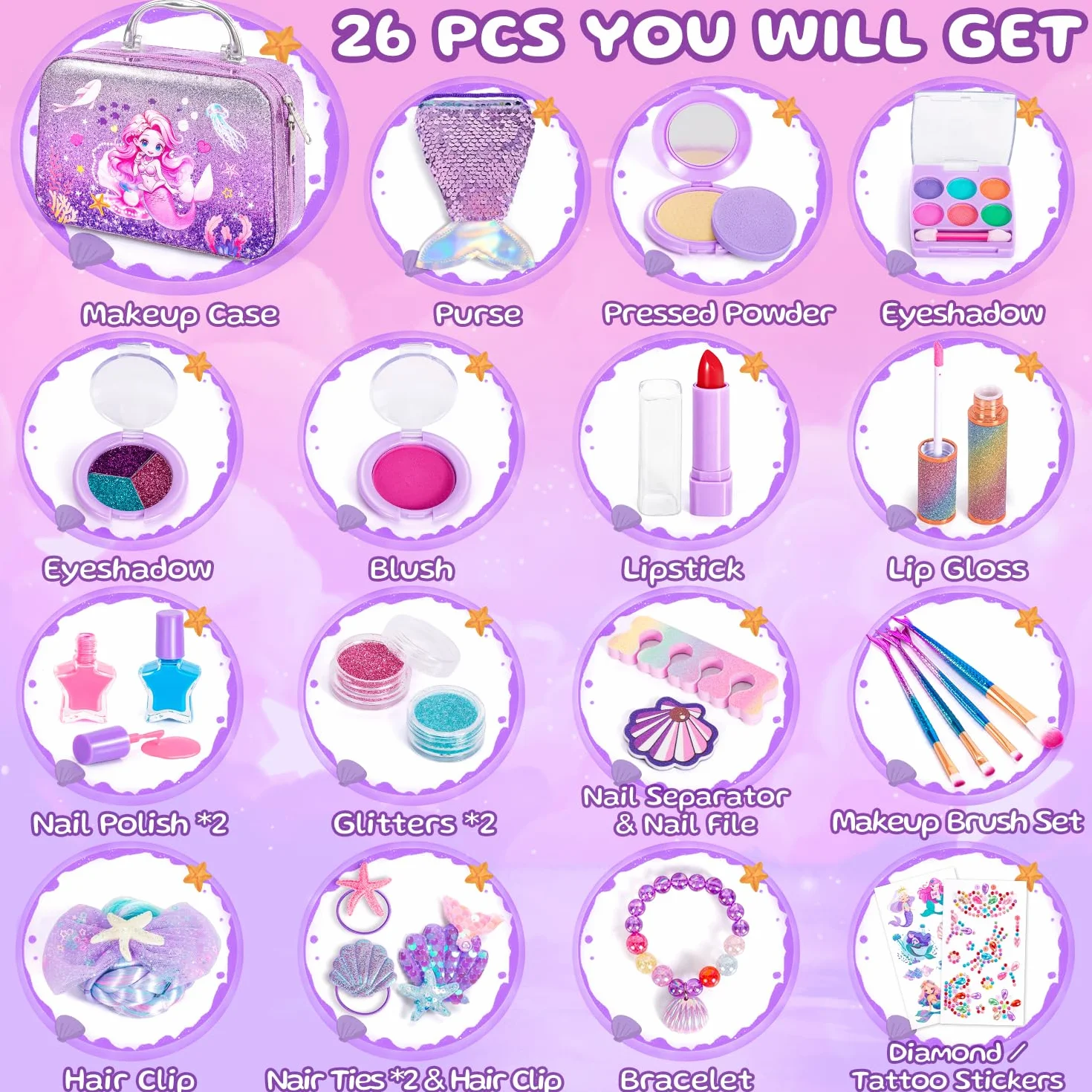 Hohosunlar Trucchi Bambina Giocattoli, Lavabile Set di Trucco per Bambini con Principessa Borsa, Kit Trousse Valigetta Trucchi Giochi, Halloween Natale Compleanno Regalo Bambina 3 4 5 6 7 8 9 10 Anni