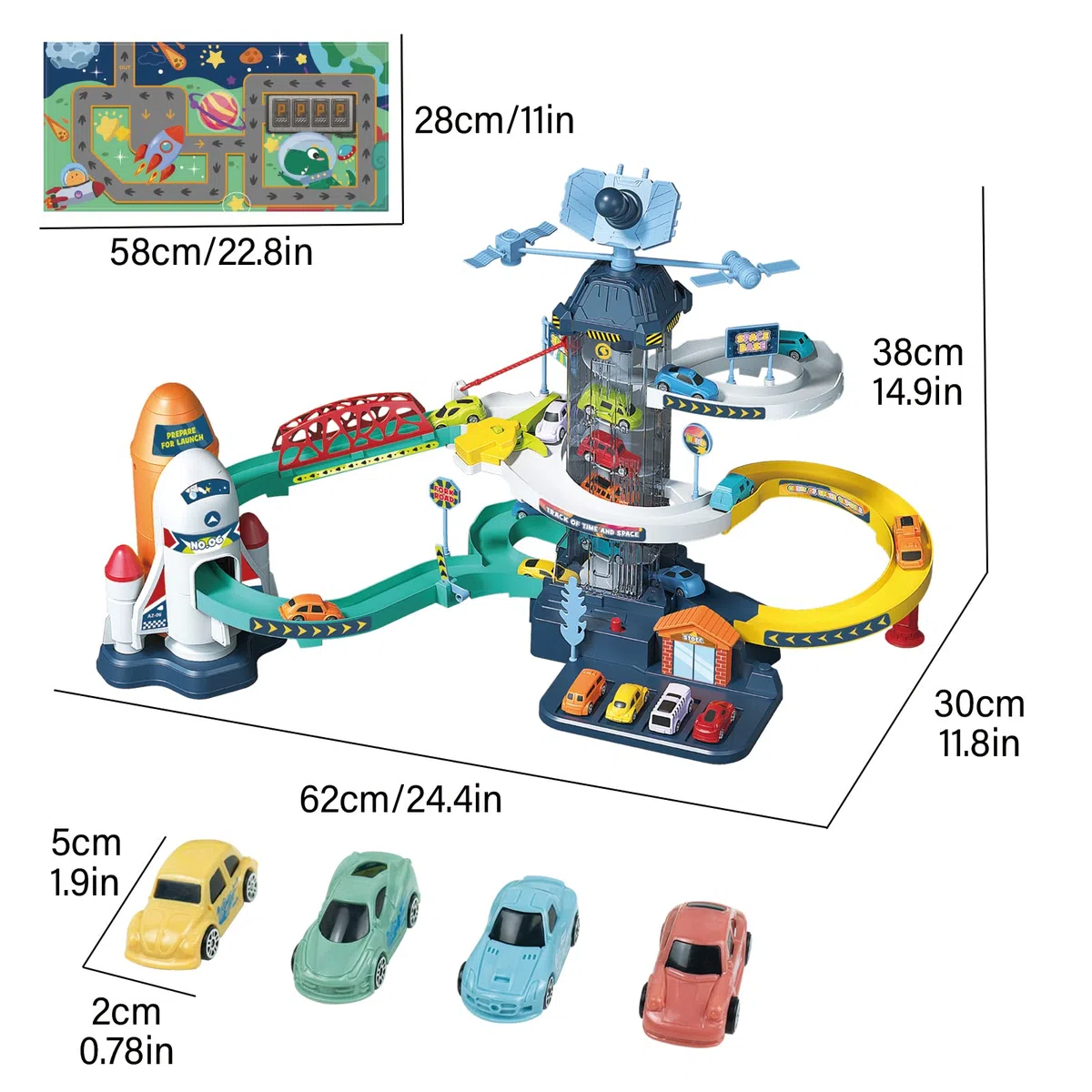 RedCrab Ascensore per auto da corsa per ragazzi, rampa spaziale per bambini rampa per arrampicata colline parcheggio avventura playset, auto satellitari garage pista con ascensore elettrico giocattolo